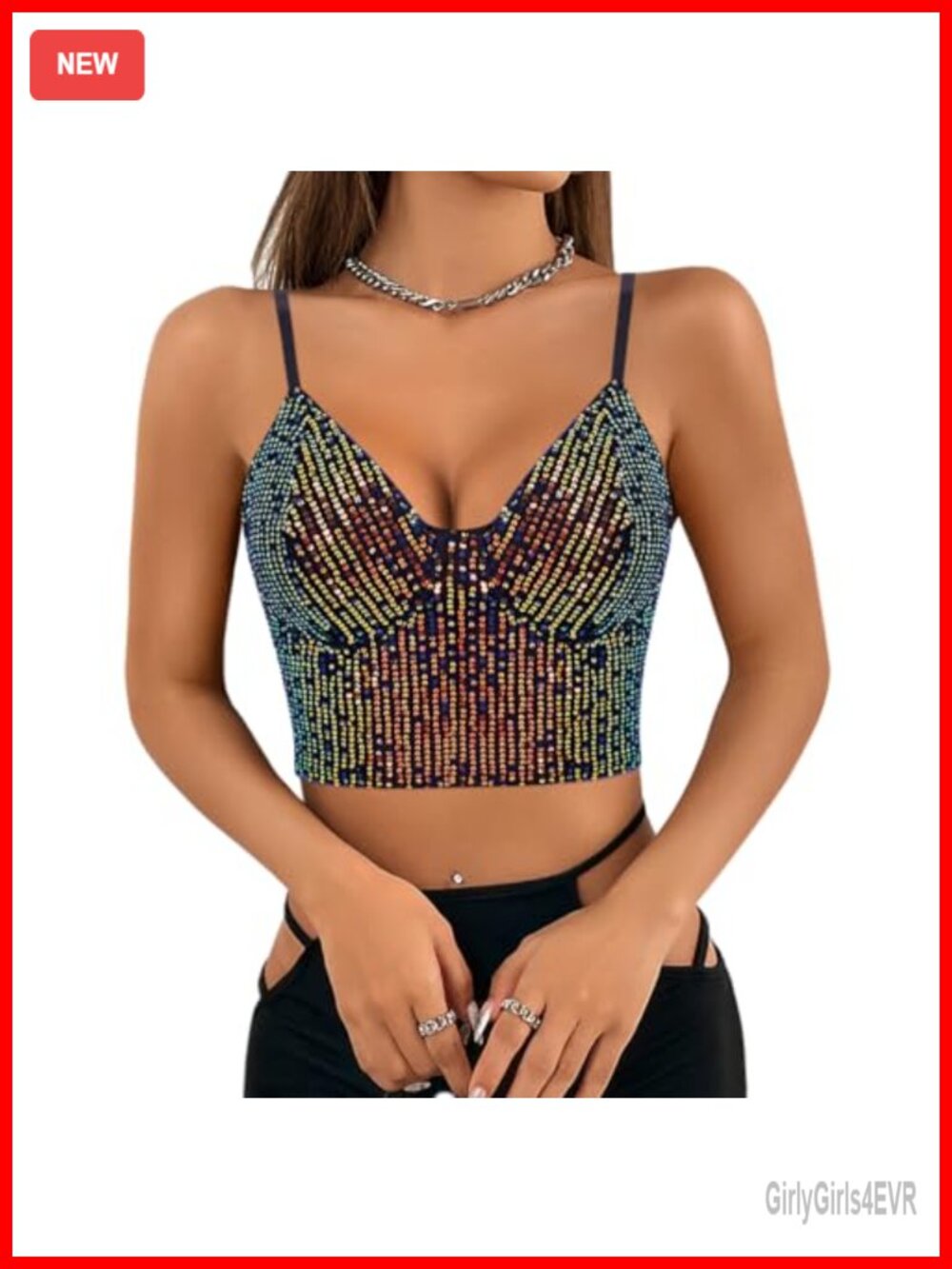 Women's Sexy V-Neck Spaghetti Strap Sparkle Sequined Crop Top